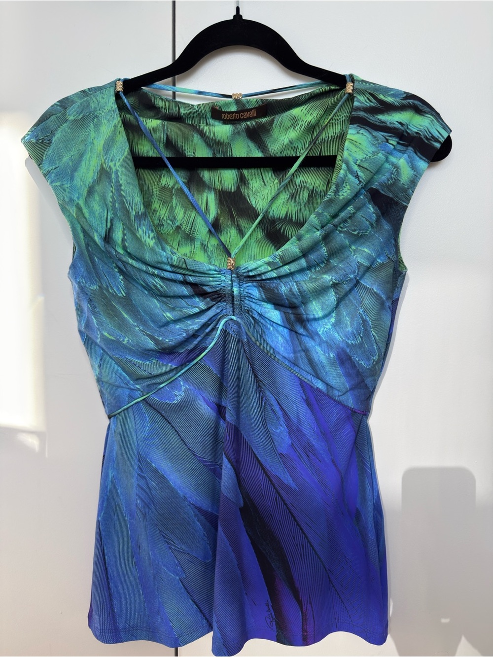 Roberto Cavalli Vintage Blue Green Abstract Ruched Top Size 42 / Small